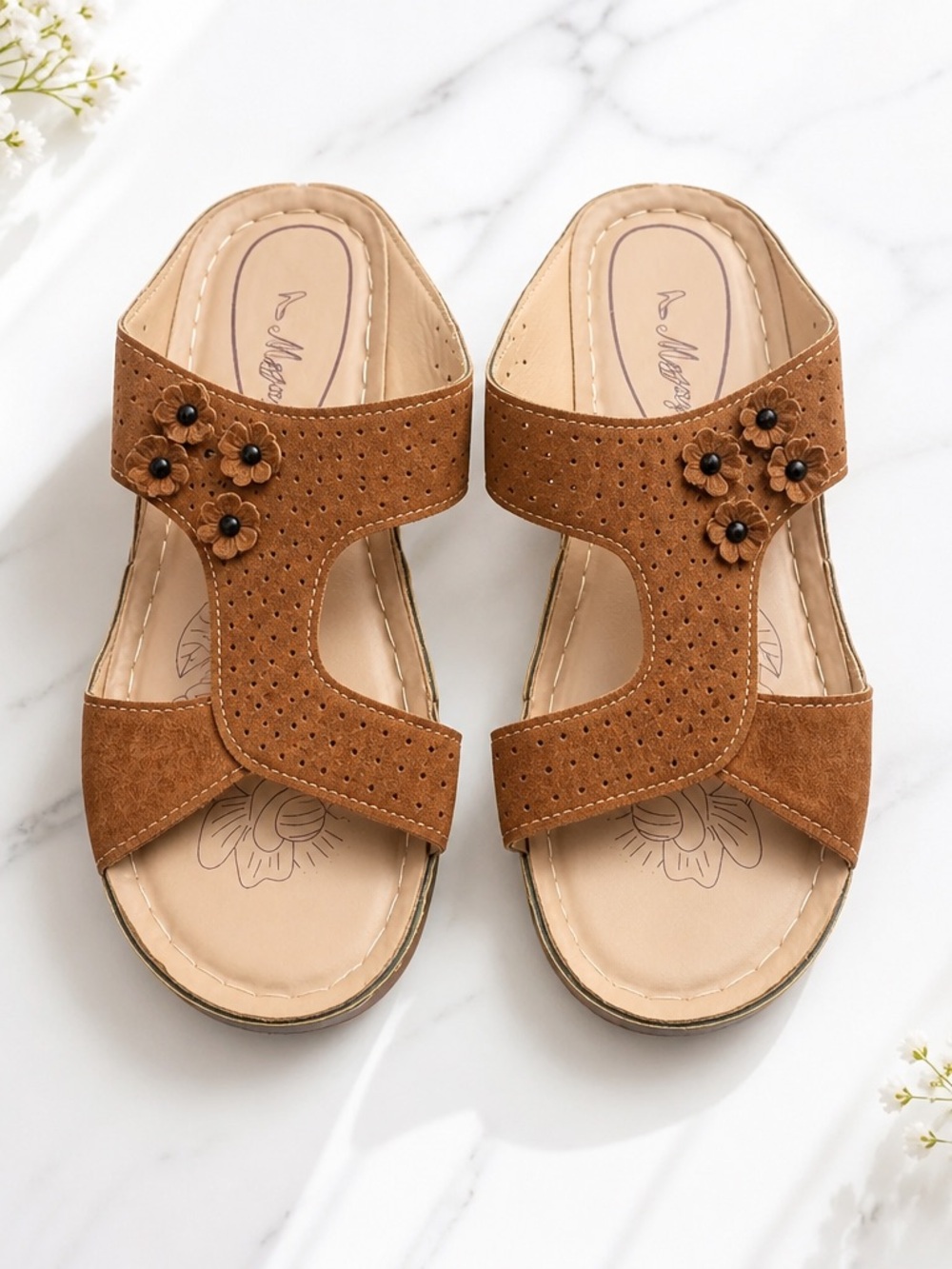 Casual Brown Floral-Accent Slip-On Sandals size 39